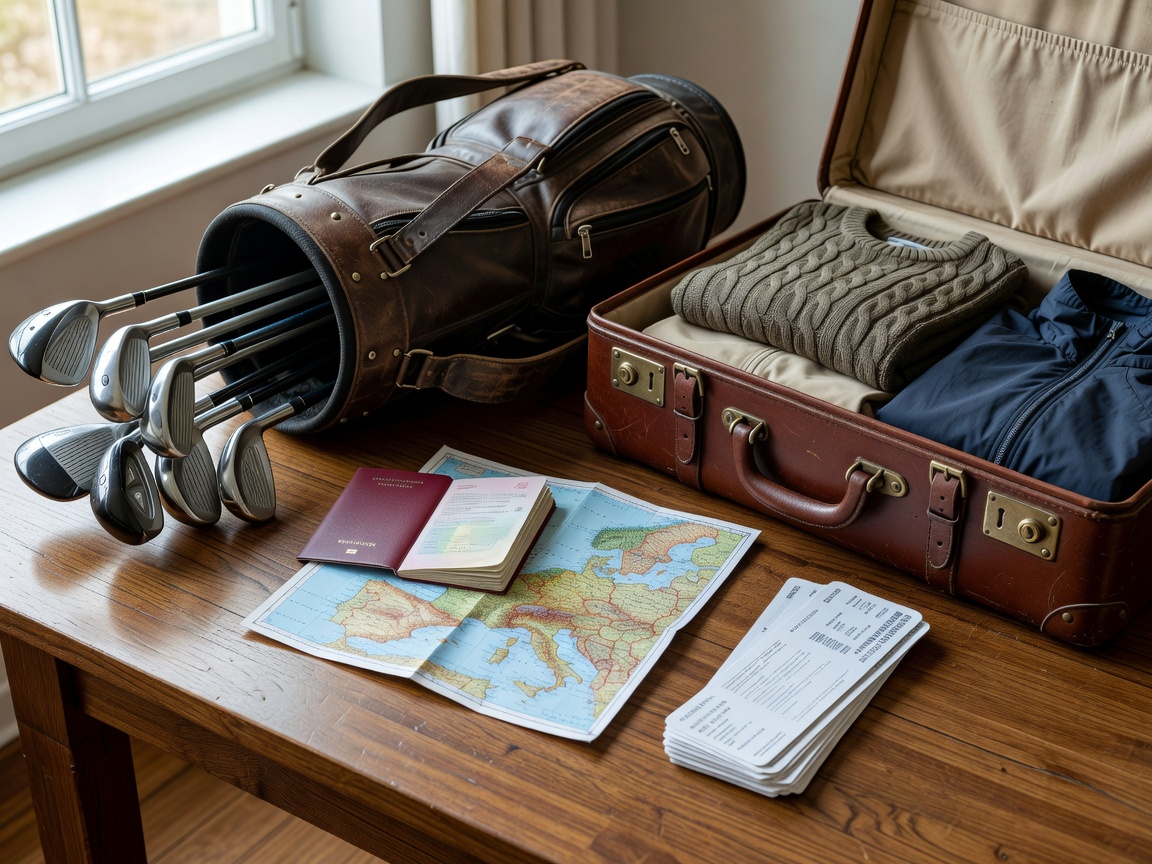 Golf clubs and travel documents arranged for a European trip