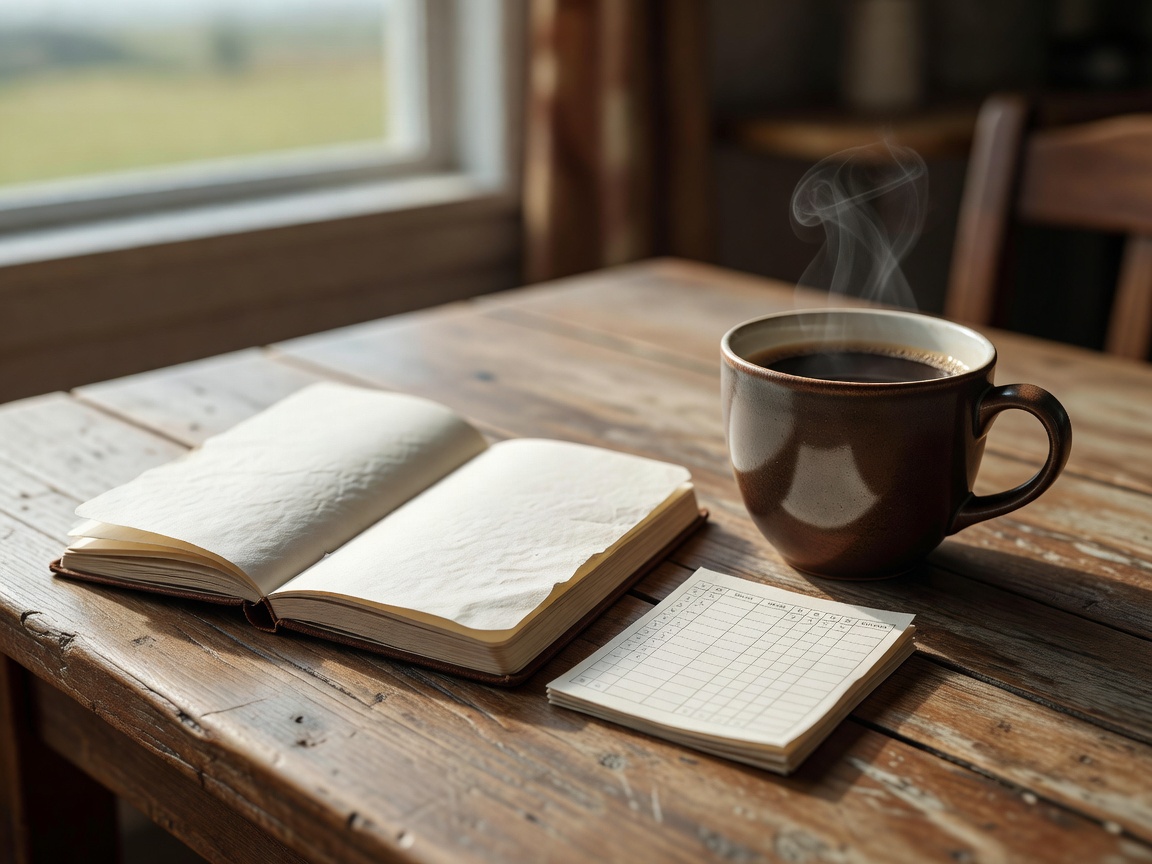 Golf scorecard and travel notebook beside a cup of coffee