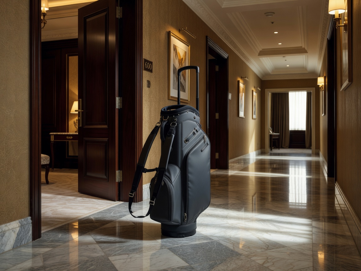 Golf travel bag ready beside a hotel doorway