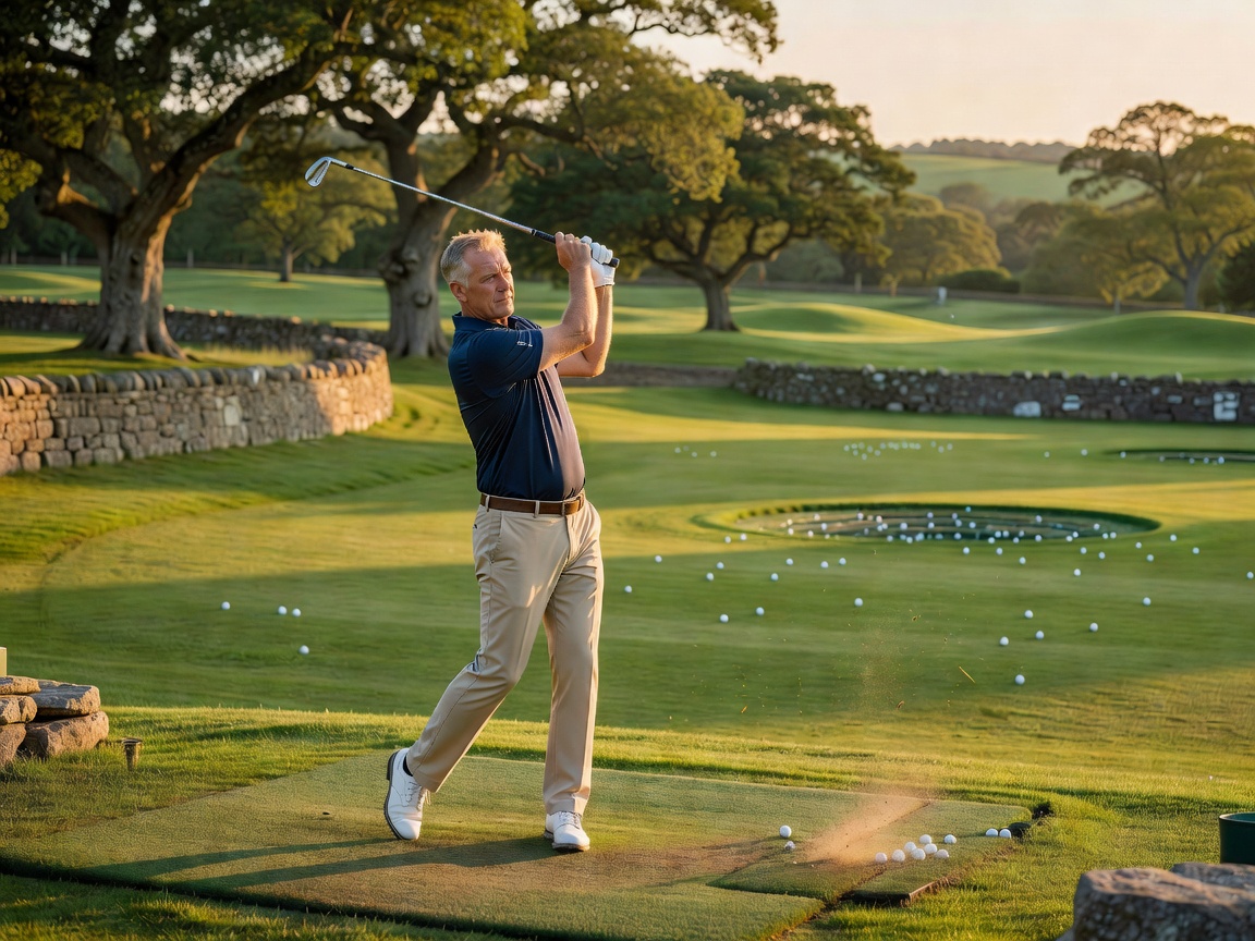 Golfer practising on a European driving range