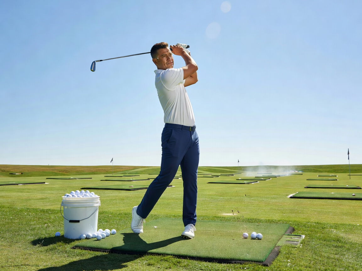 Golfer working through a practice session on a sunny range