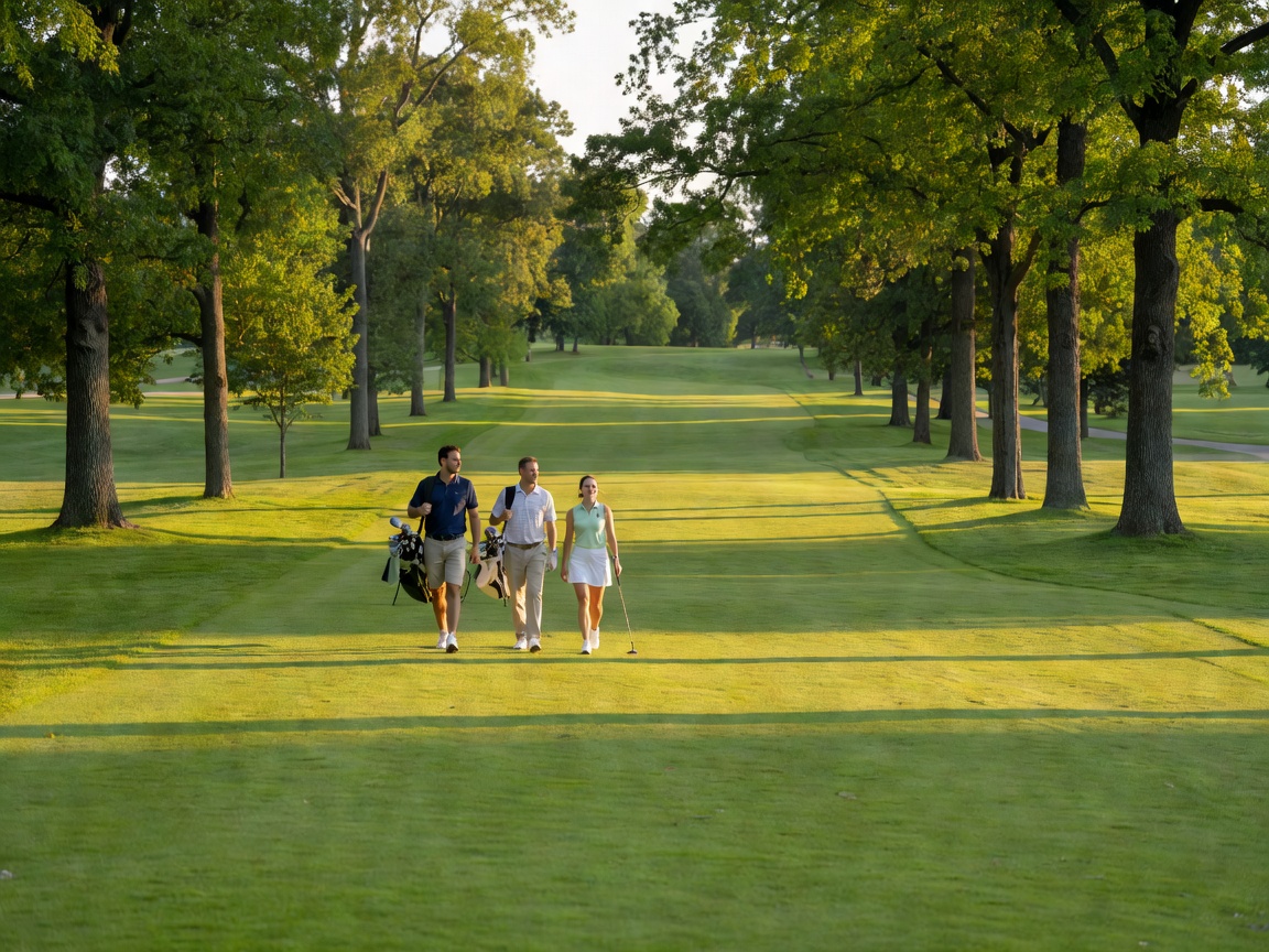 Golfers walking together along a tree-lined fairway