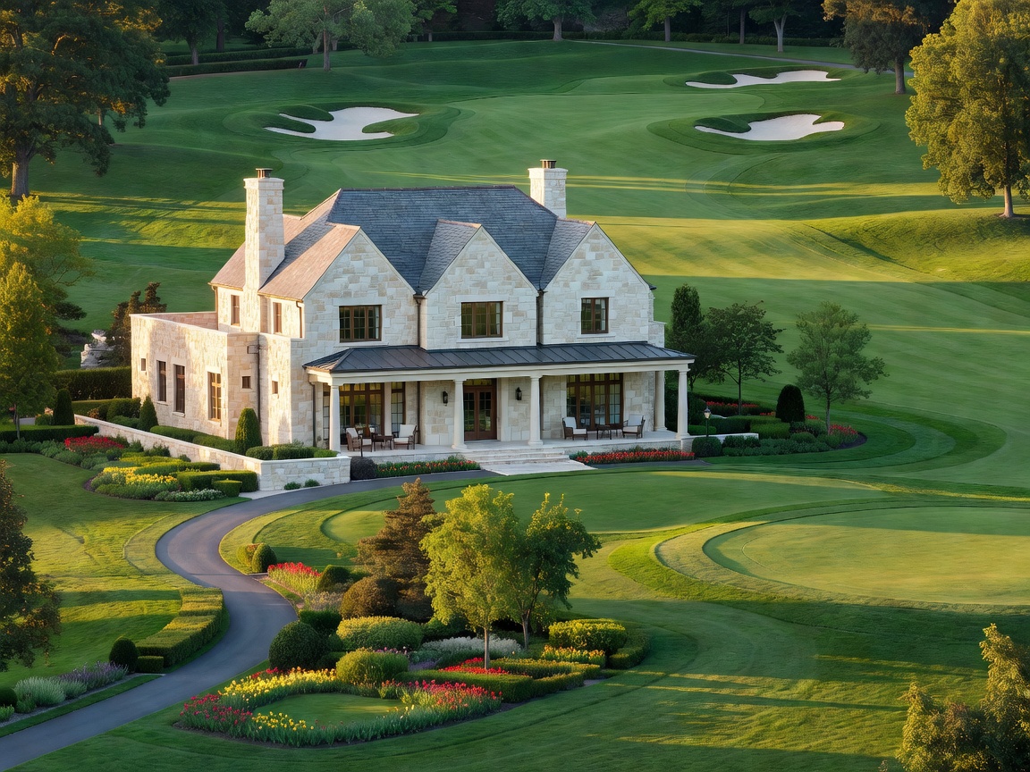 Limestone clubhouse beside a landscaped golf course