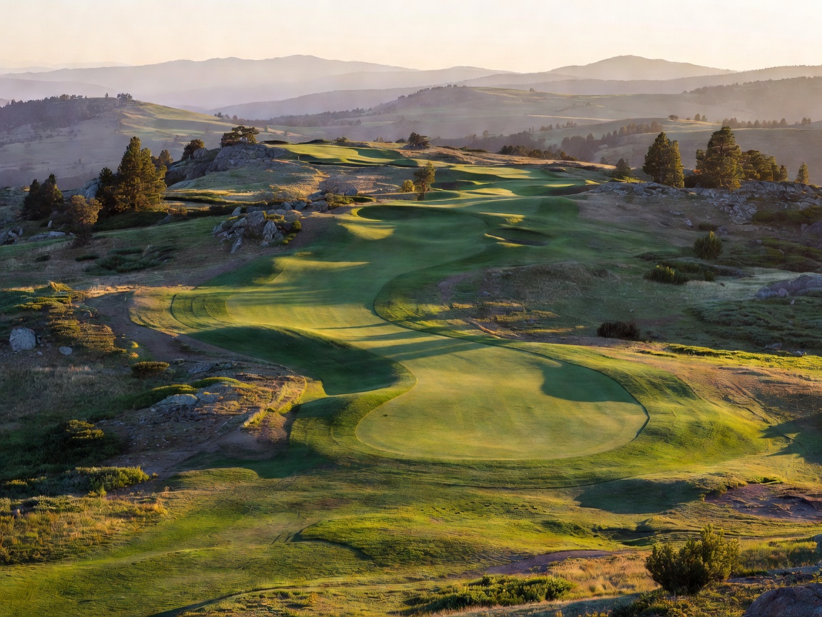 Mountain golf landscape with a winding fairway and distant hills