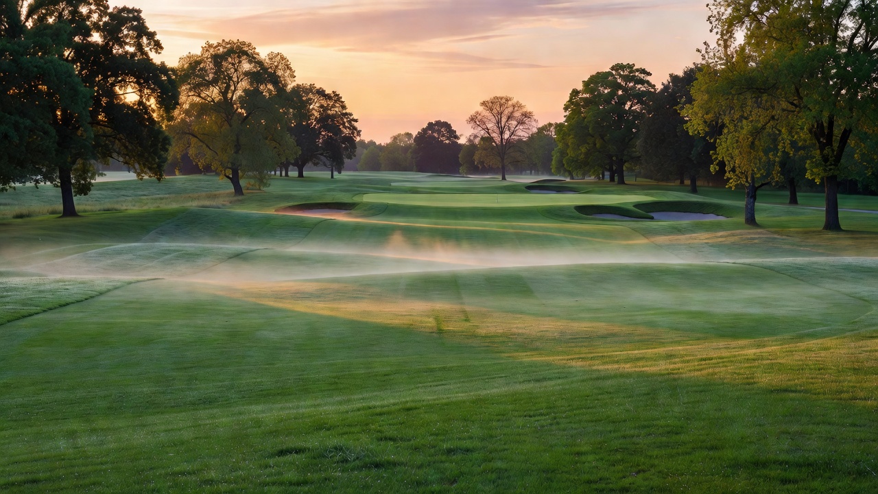 Sunrise light across a quiet European golf fairway